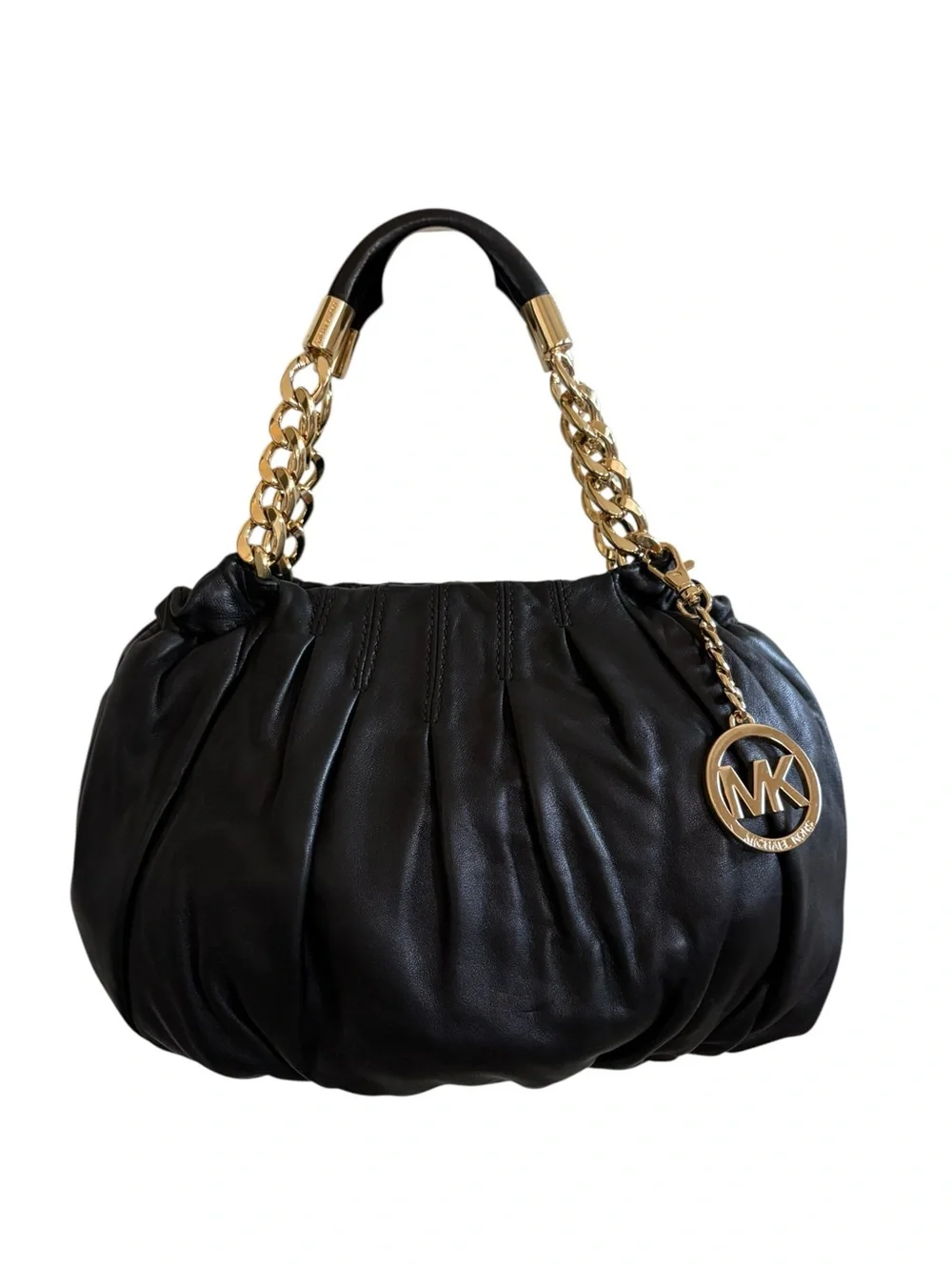 Michael Kors Erin Black Leather Shoulder Bag with Gold Chain and Charm